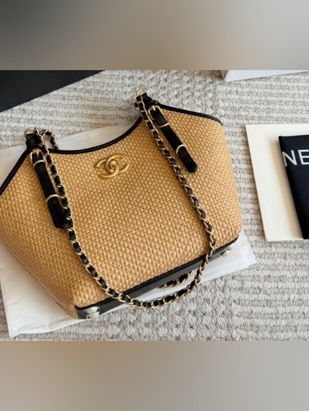 Copy Natural Straw Tote with Black Trim and Gold Hardware